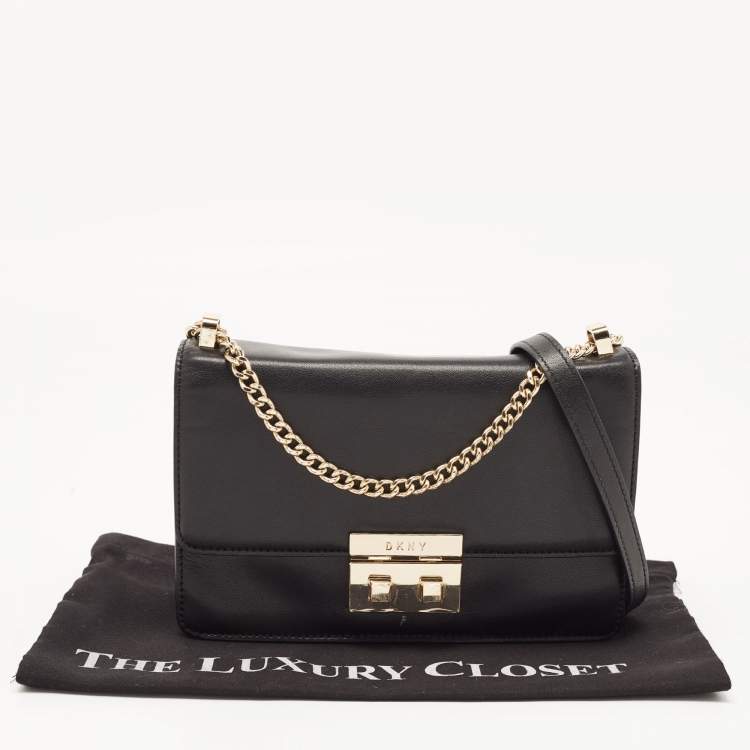 Pre Owned DKNY Black Leather Pushlock Flap Chain Crossbody Bag