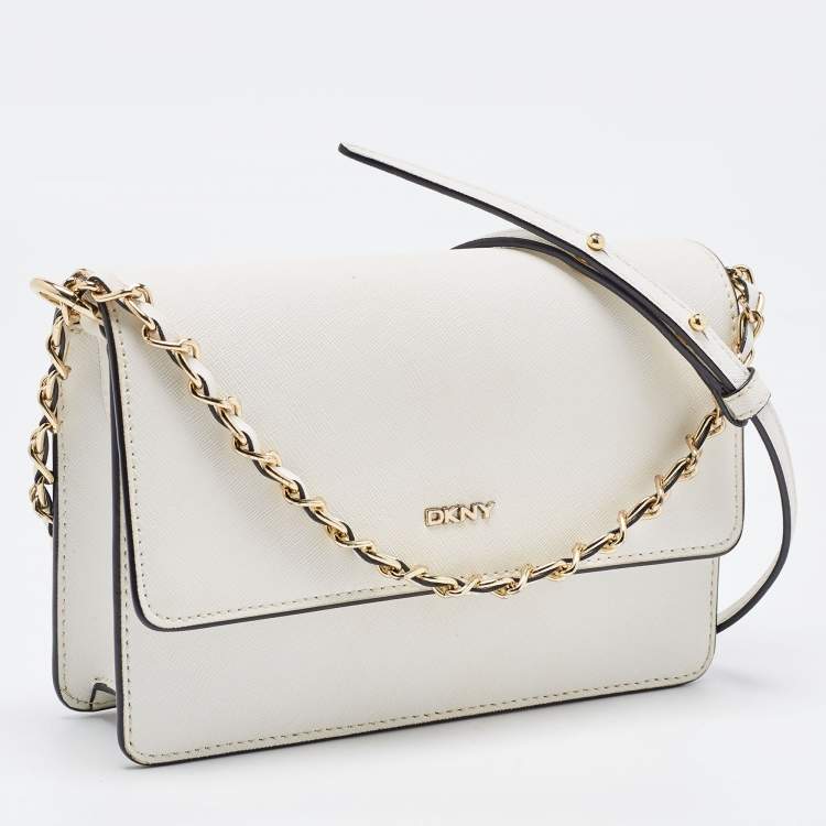 Pre Owned DKNY White Leather Bryant Park Flap Crossbody Bag