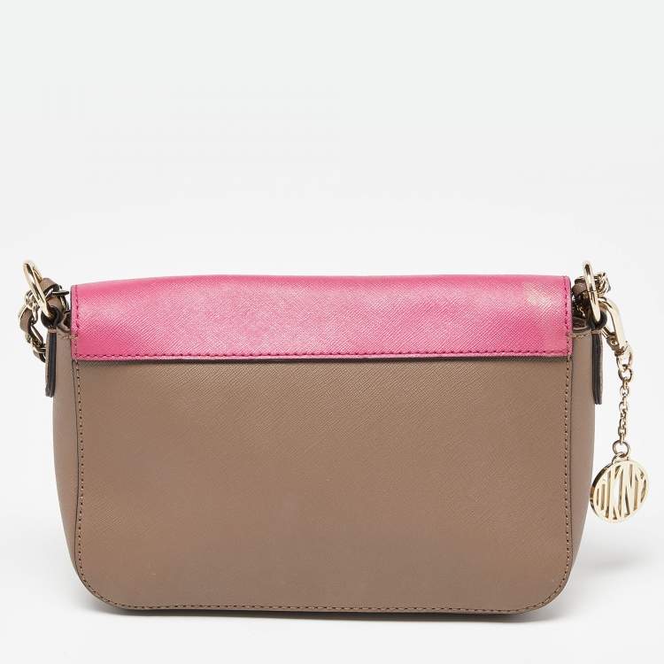 Pre Owned DKNY Beige/Pink Leather Bryant Park Flap Crossbody Bag
