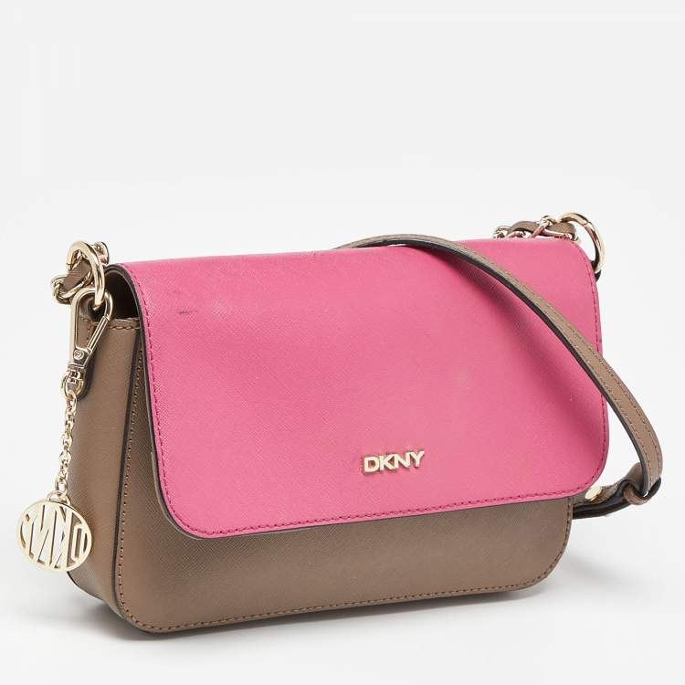 Pre Owned DKNY Beige/Pink Leather Bryant Park Flap Crossbody Bag