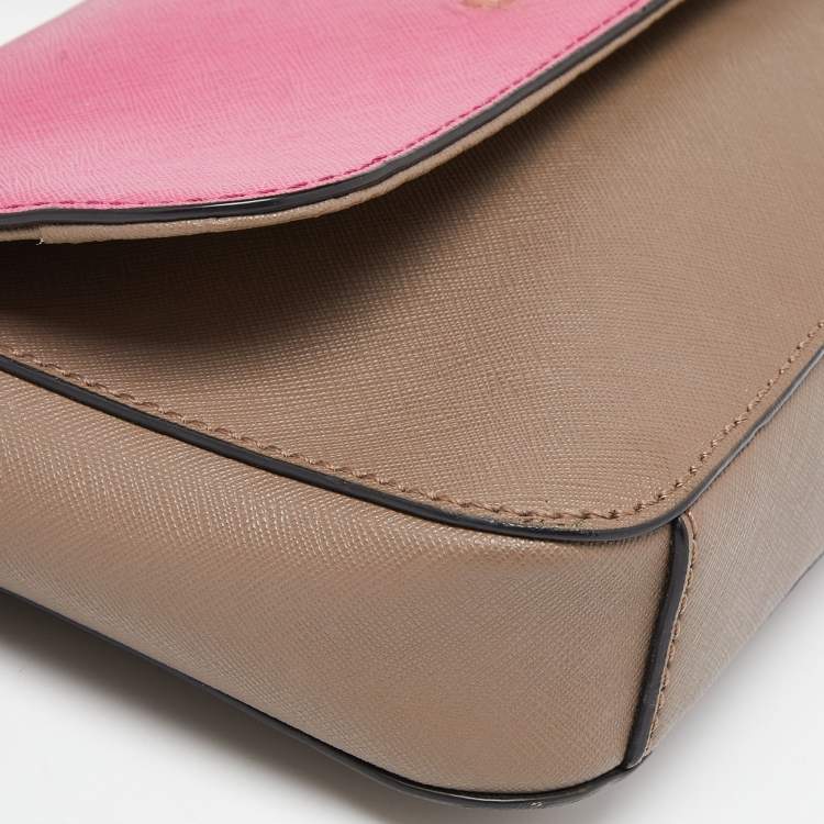 Pre Owned DKNY Beige/Pink Leather Bryant Park Flap Crossbody Bag