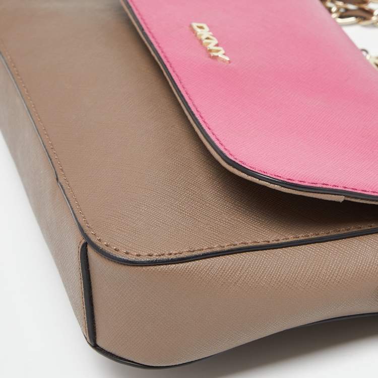 Pre Owned DKNY Beige/Pink Leather Bryant Park Flap Crossbody Bag