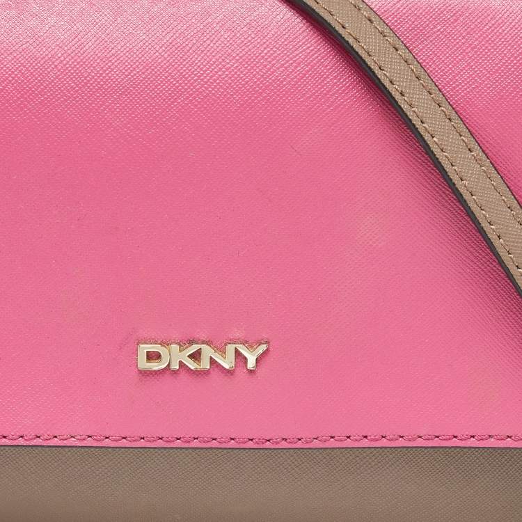 Pre Owned DKNY Beige/Pink Leather Bryant Park Flap Crossbody Bag