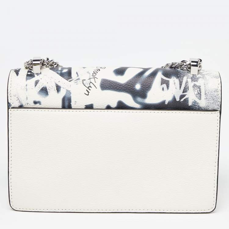 Pre Owned DKNY White/Black Graffiti Print Leather Flap Shoulder Bag