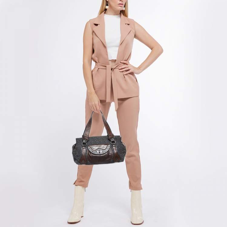 Pre Owned DKNY Grey/Brown Signature Canvas and Leather Satchel