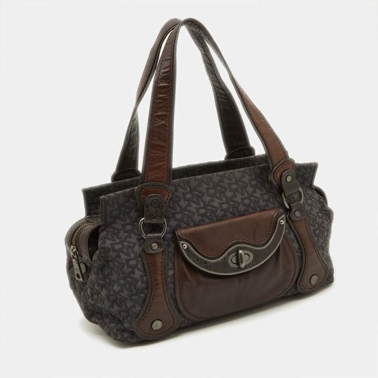 Pre Owned DKNY Grey/Brown Signature Canvas and Leather Satchel