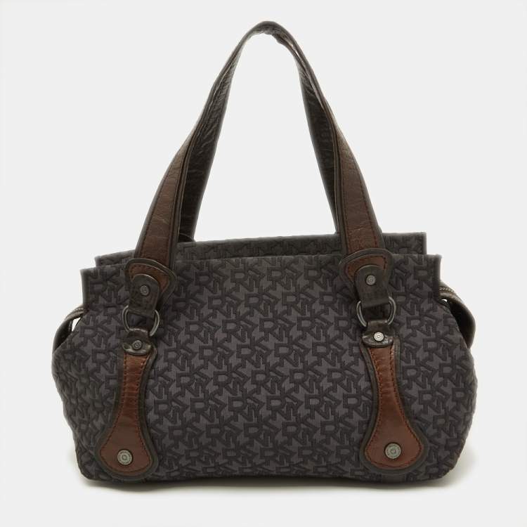 Pre Owned DKNY Grey/Brown Signature Canvas and Leather Satchel
