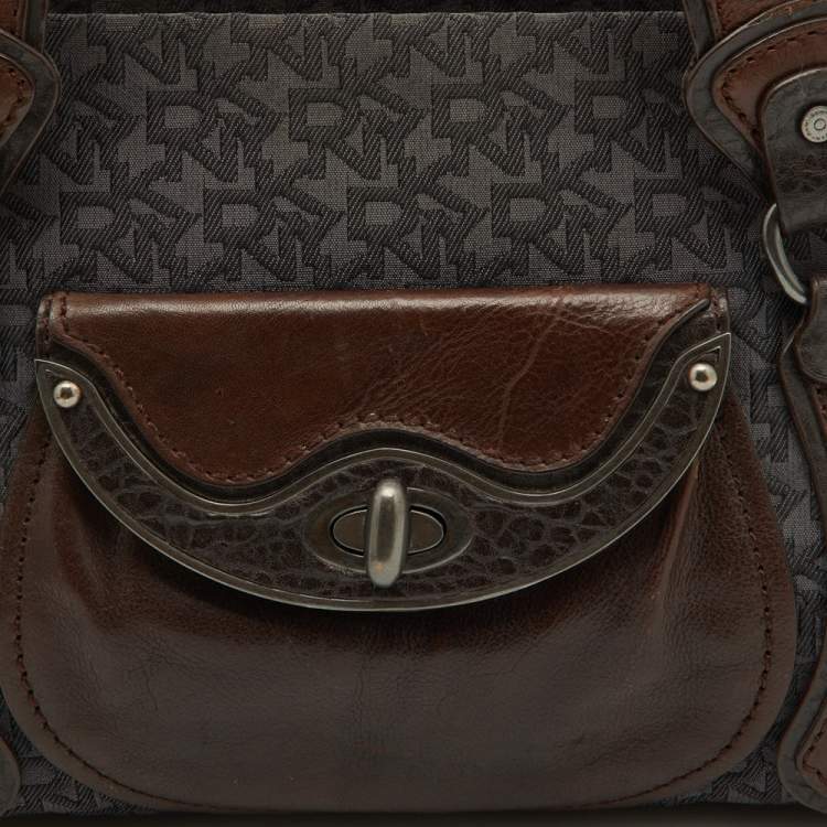 Pre Owned DKNY Grey/Brown Signature Canvas and Leather Satchel