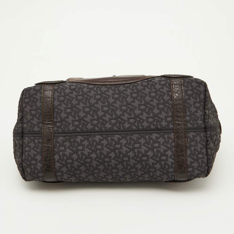 Pre Owned DKNY Grey/Brown Signature Canvas and Leather Satchel