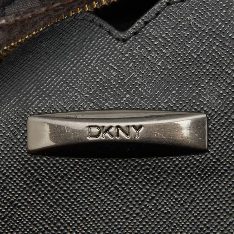 Pre Owned DKNY Grey/Brown Signature Canvas and Leather Satchel