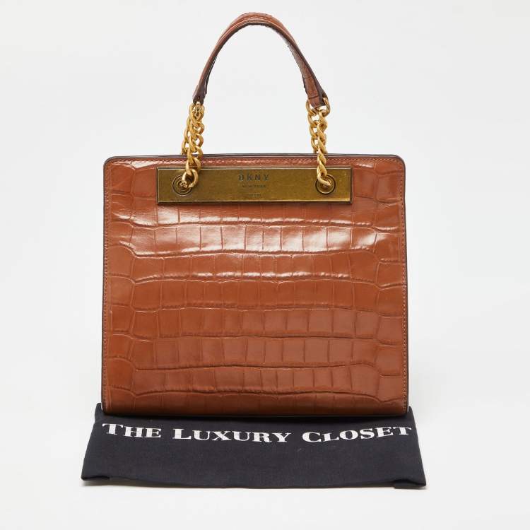 Pre Owned DKNY Brown Croc Embossed Leather Chain Bag