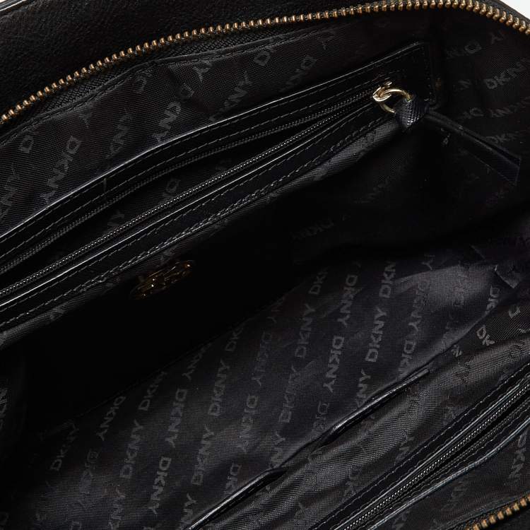Pre Owned DKNY Beige/Black Signature Canvas and Leather Studded Satchel