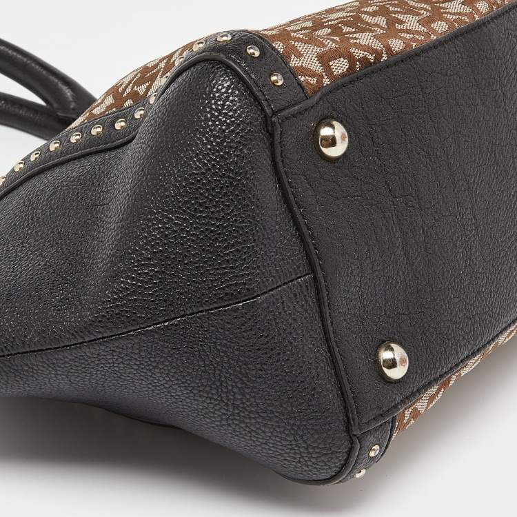 Pre Owned DKNY Beige/Black Signature Canvas and Leather Studded Satchel