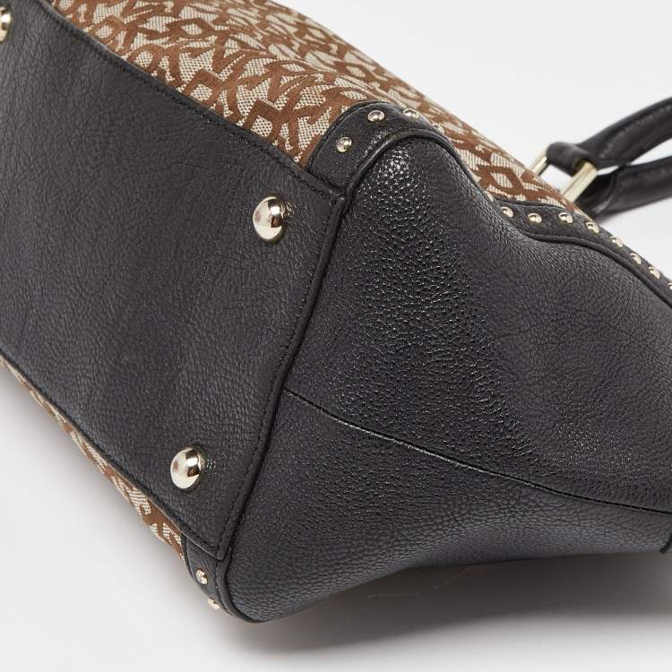 Pre Owned DKNY Beige/Black Signature Canvas and Leather Studded Satchel