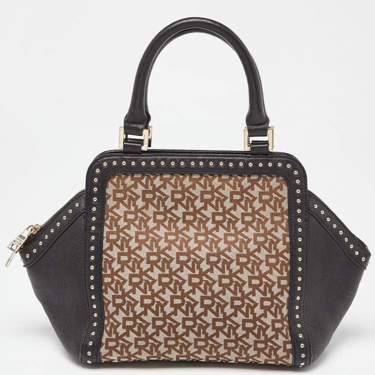 Pre Owned DKNY Beige/Black Signature Canvas and Leather Studded Satchel