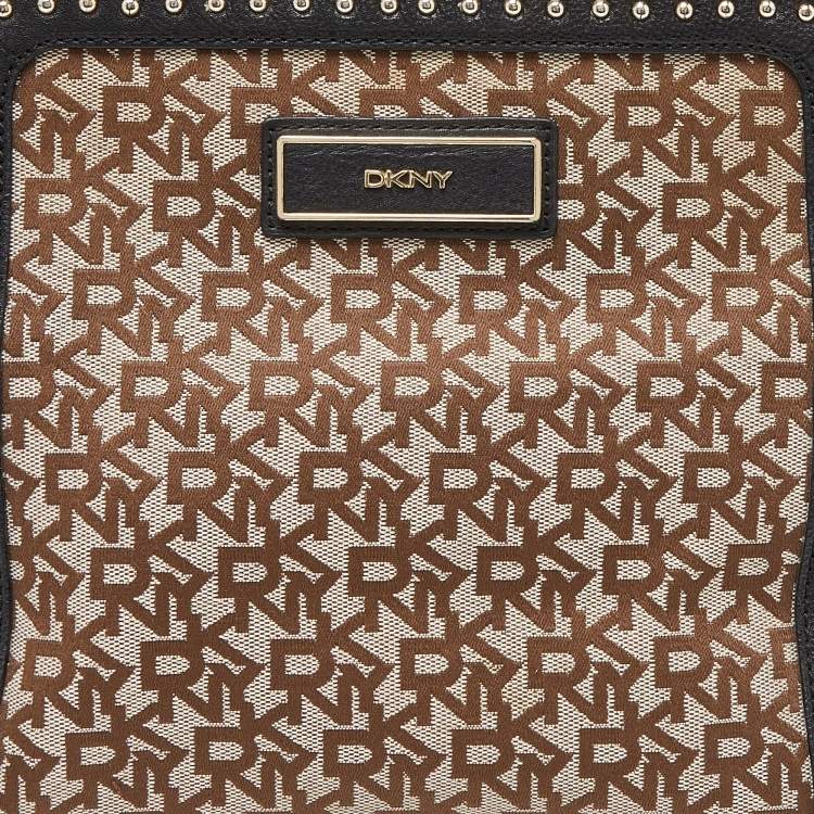 Pre Owned DKNY Beige/Black Signature Canvas and Leather Studded Satchel