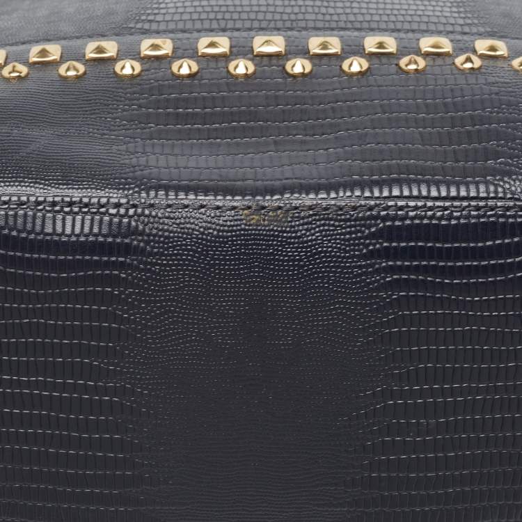 Pre Owned DKNY Navy Blue Lizard Embossed Leather Studded Zip Tote with Wallet