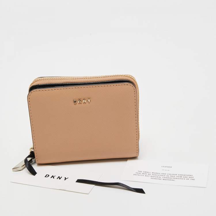 Pre Owned DKNY Beige Saffiano Leather Zip Around Compact Wallet