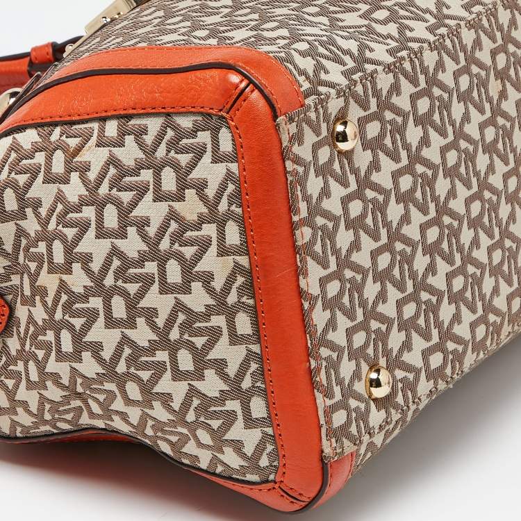 Pre Owned DKNY Orange/Beige Monogram Canvas and Leather Zip Satchel