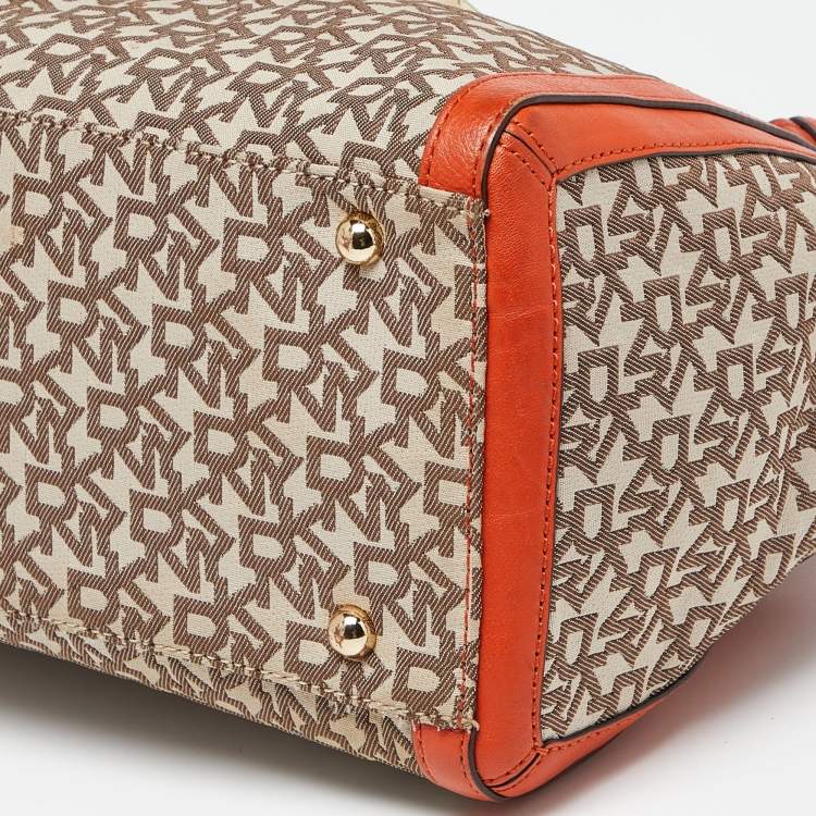 Pre Owned DKNY Orange/Beige Monogram Canvas and Leather Zip Satchel