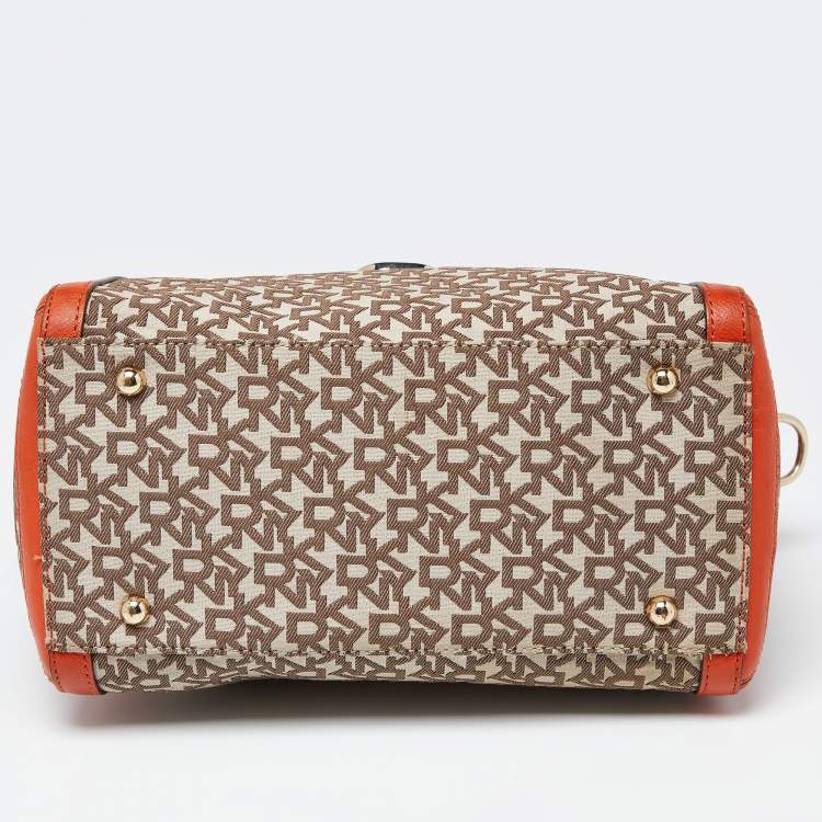 Pre Owned DKNY Orange/Beige Monogram Canvas and Leather Zip Satchel