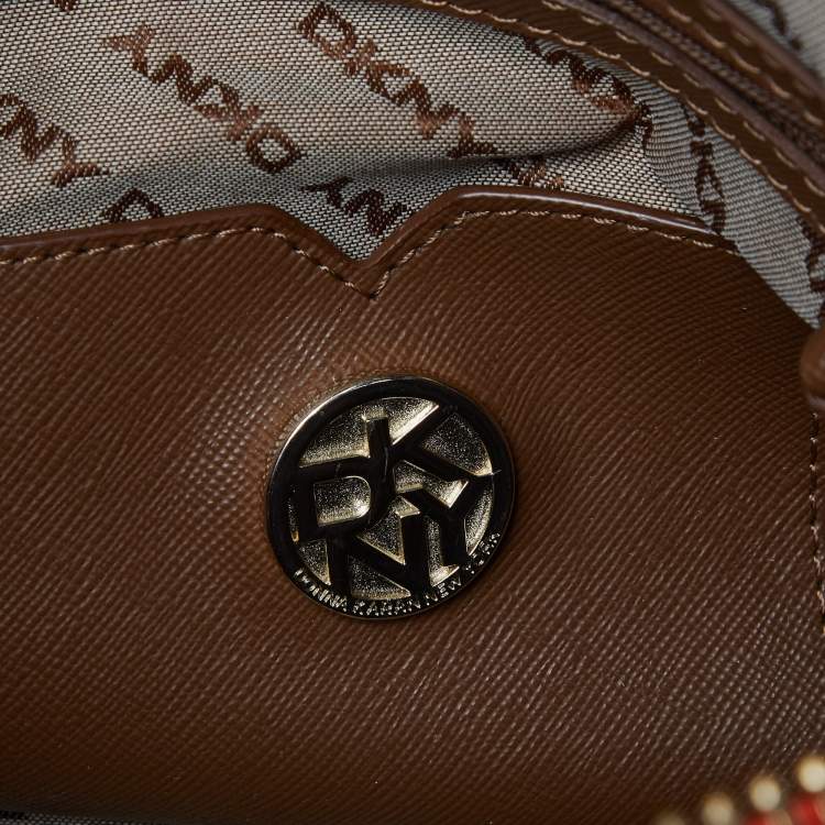 Pre Owned DKNY Orange/Beige Monogram Canvas and Leather Zip Satchel
