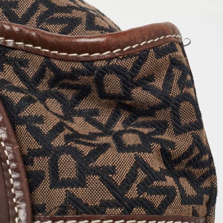 Pre Owned Dkny Brown/Black Signature Canvas and Leather Front Pocket Tote
