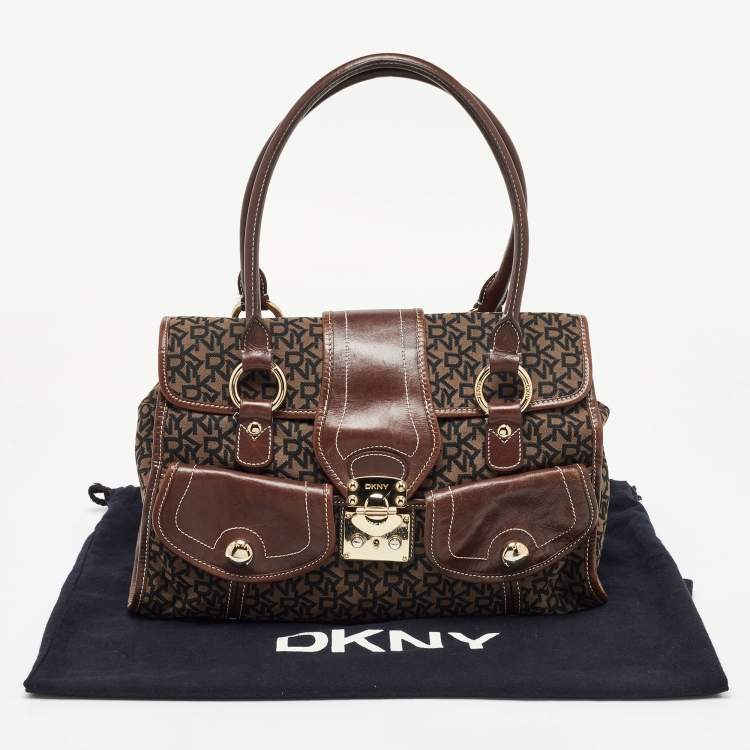Pre Owned Dkny Brown/Black Signature Canvas and Leather Front Pocket Tote