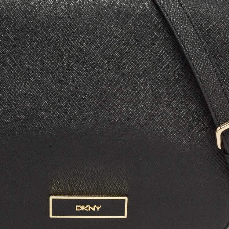 Pre Owned DKNY Black Leather Logo Flap Shoulder Bag