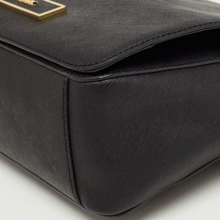 Pre Owned DKNY Black Leather Logo Flap Shoulder Bag