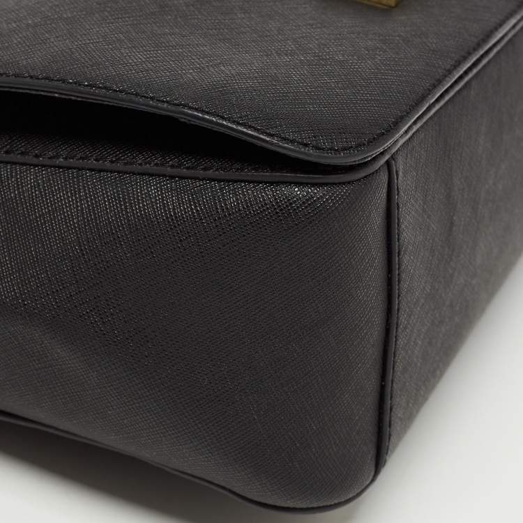 Pre Owned DKNY Black Leather Logo Flap Shoulder Bag