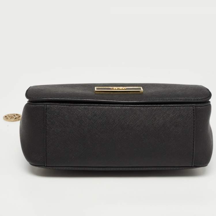 Pre Owned DKNY Black Leather Logo Flap Shoulder Bag