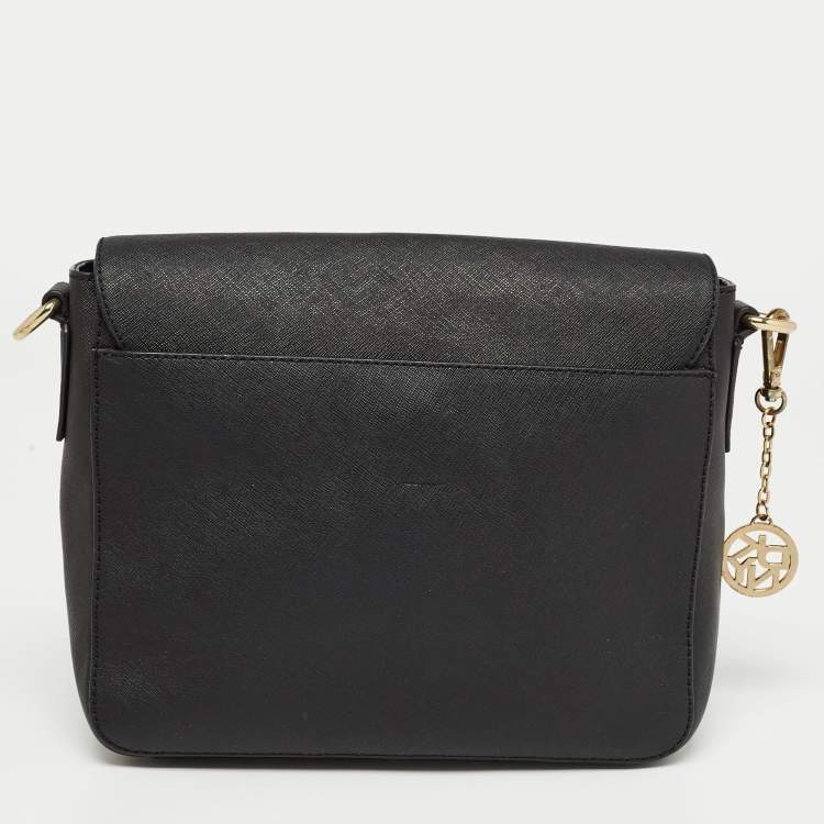 Pre Owned DKNY Black Leather Logo Flap Shoulder Bag