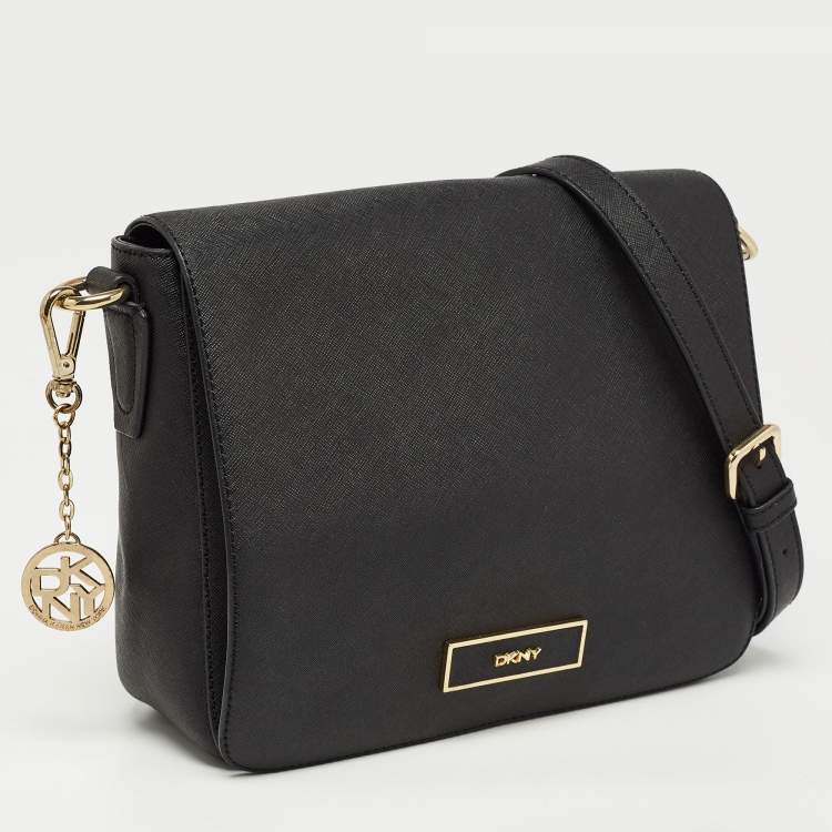 Pre Owned DKNY Black Leather Logo Flap Shoulder Bag