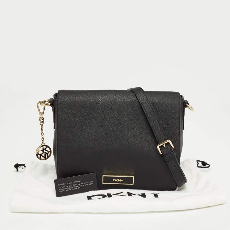 Pre Owned DKNY Black Leather Logo Flap Shoulder Bag