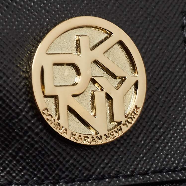 Pre Owned DKNY Black Leather Logo Flap Shoulder Bag