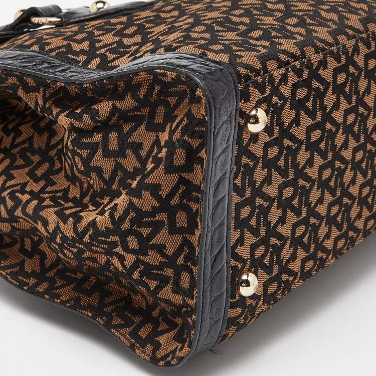 Pre Owned DKNY Black/Brown Monogram Canvas and Croc Embossed Leather Turnlock Flap Tote