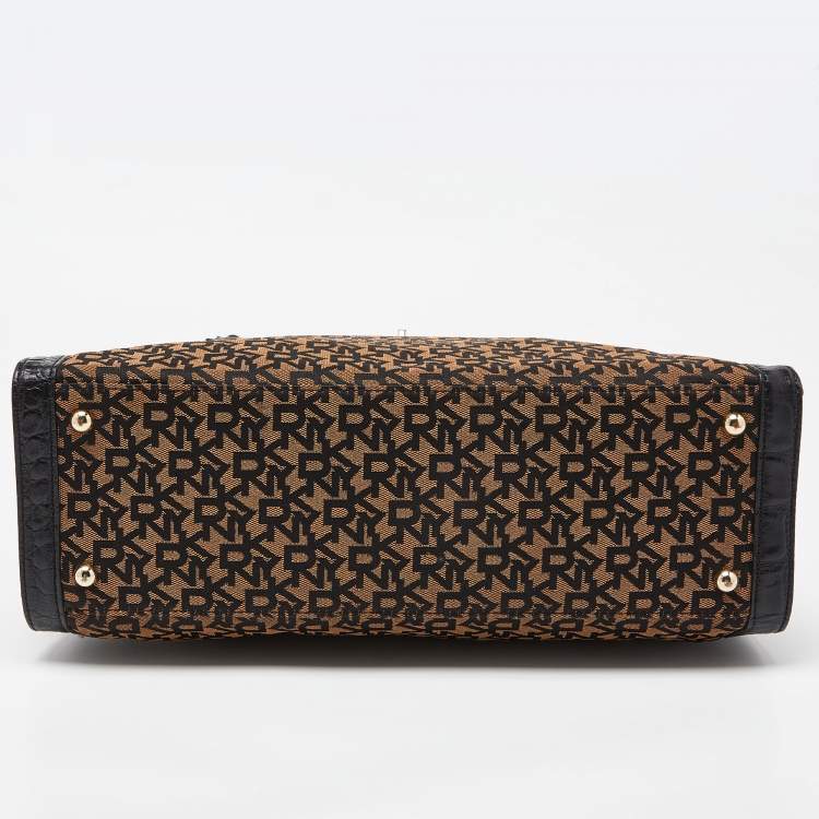 Pre Owned DKNY Black/Brown Monogram Canvas and Croc Embossed Leather Turnlock Flap Tote