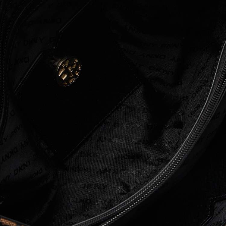 Pre Owned DKNY Black/Brown Monogram Canvas and Croc Embossed Leather Turnlock Flap Tote