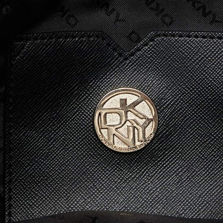 Pre Owned DKNY Black/Brown Monogram Canvas and Croc Embossed Leather Turnlock Flap Tote
