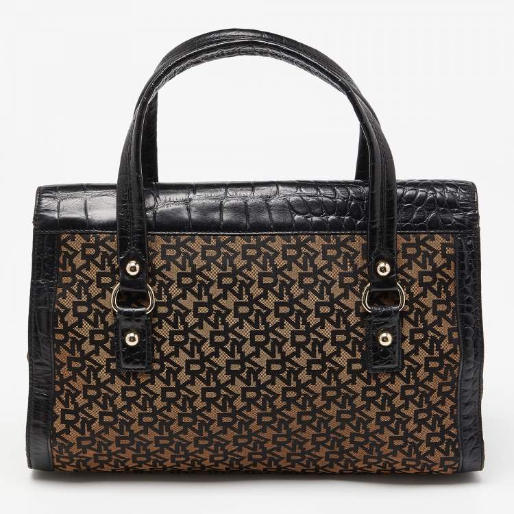 Pre Owned DKNY Black/Brown Monogram Canvas and Croc Embossed Leather Turnlock Flap Tote