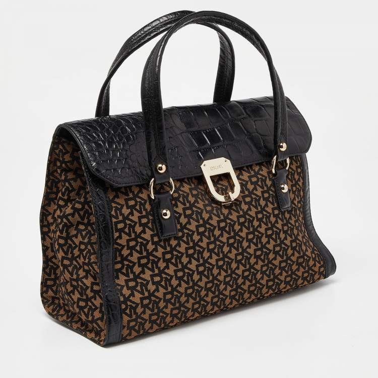 Pre Owned DKNY Black/Brown Monogram Canvas and Croc Embossed Leather Turnlock Flap Tote