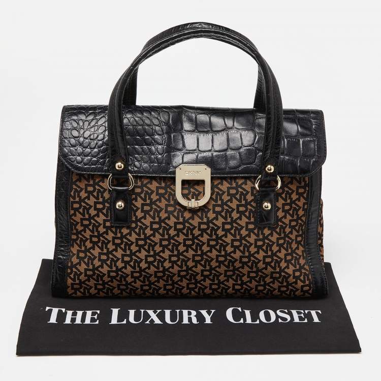 Pre Owned DKNY Black/Brown Monogram Canvas and Croc Embossed Leather Turnlock Flap Tote