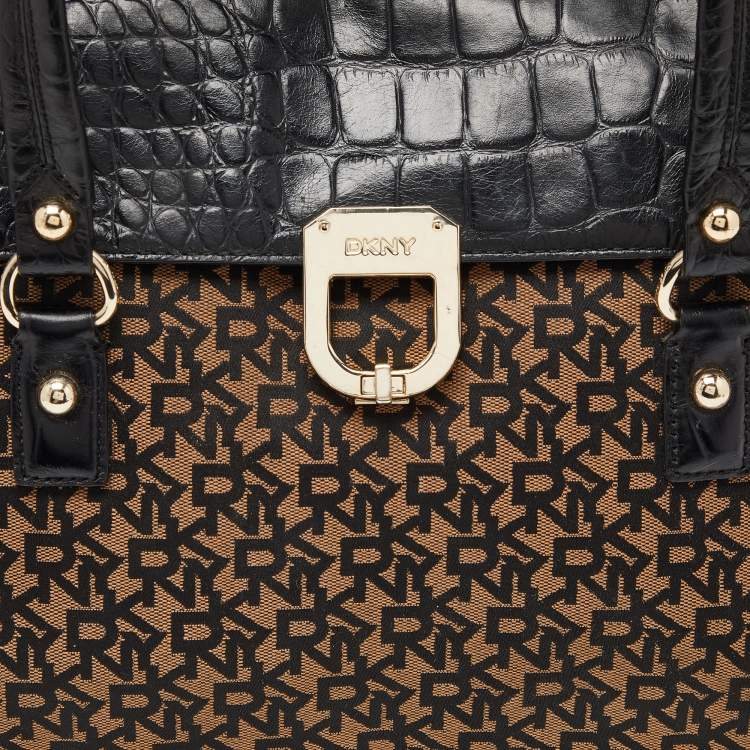 Pre Owned DKNY Black/Brown Monogram Canvas and Croc Embossed Leather Turnlock Flap Tote