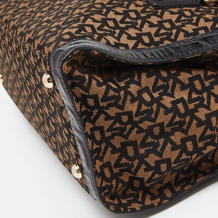 Pre Owned DKNY Black/Brown Monogram Canvas and Croc Embossed Leather Turnlock Flap Tote