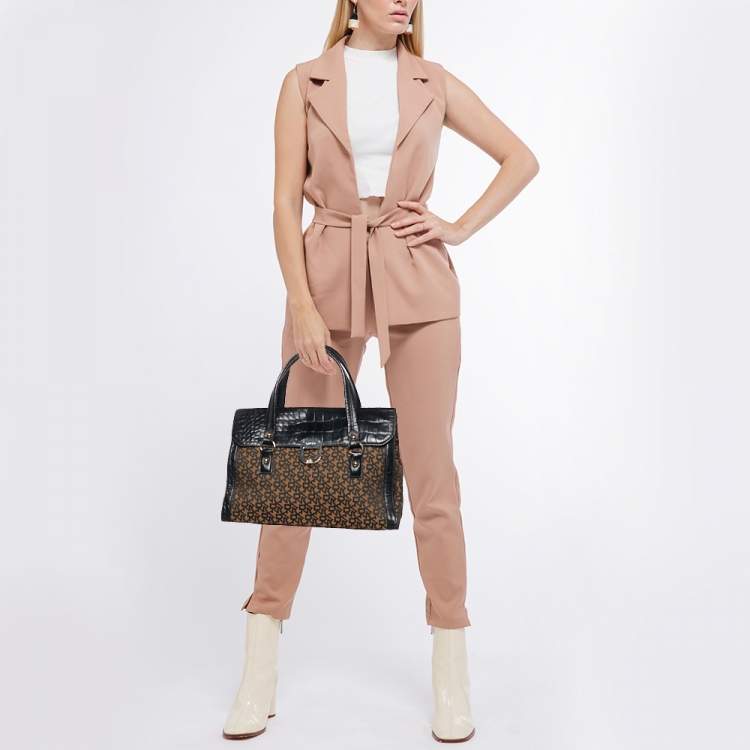 Pre Owned DKNY Black/Brown Monogram Canvas and Croc Embossed Leather Turnlock Flap Tote