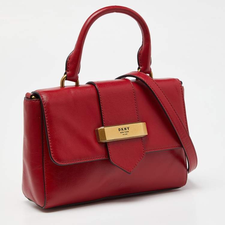 Pre Owned Dkny Red Leather Metal Logo Flap Top Handle Bag