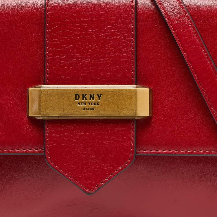 Pre Owned Dkny Red Leather Metal Logo Flap Top Handle Bag