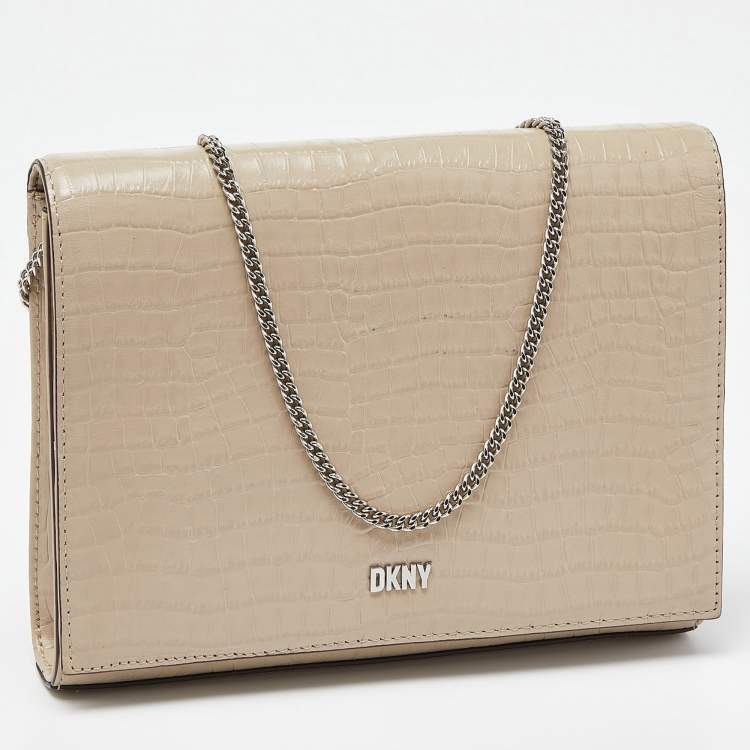 Pre Owned DKNY Beige Croc Embossed Leather Logo Flap Chain Shoulder Bag