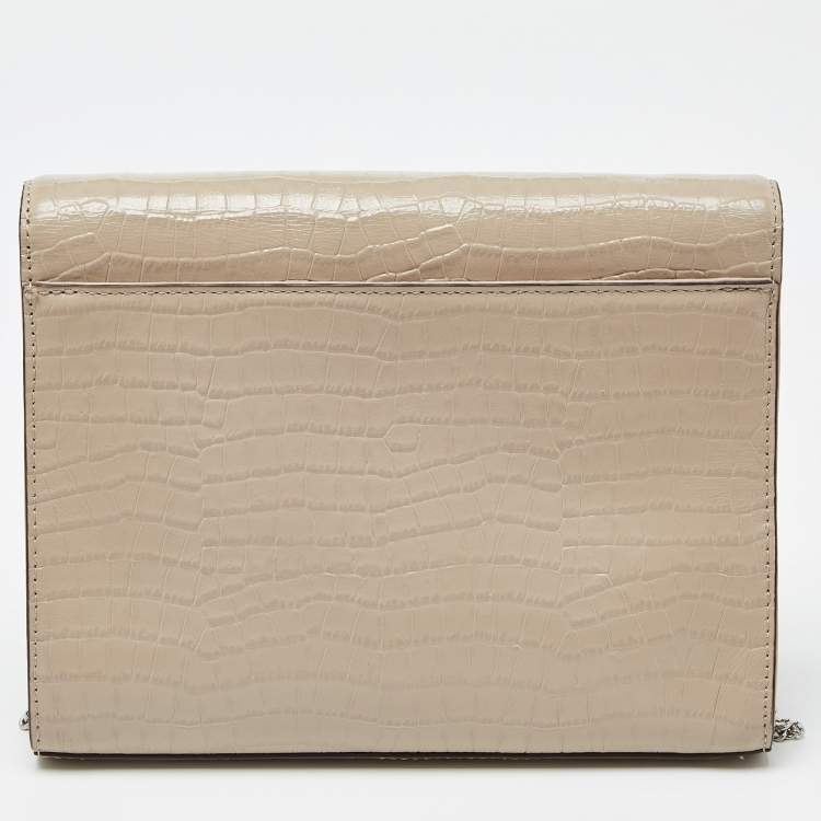 Pre Owned DKNY Beige Croc Embossed Leather Logo Flap Chain Shoulder Bag